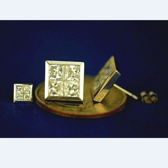 Solid 14K Gold Fancy Post Square Cubic Zirconia Stud Push Back Earrings 8x8mm